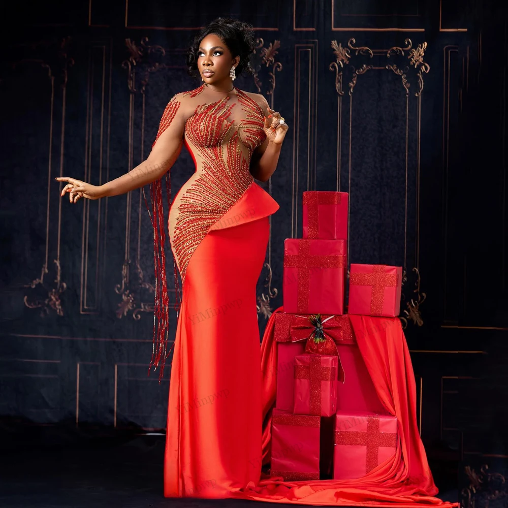 

African Bride Dress Full Sleeve O-Neck Tassel Crystal Mermaid Floor Length Party Gowns vestido de festa luxuoso Customized