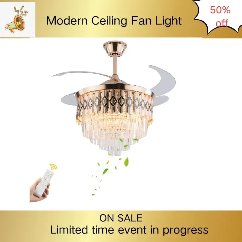 

42 Inch Modern Ceiling Fan Light with Remote Retractable Blades 3-Color LED & Copper Finish 6-Speed Quiet Motor for Bedroom