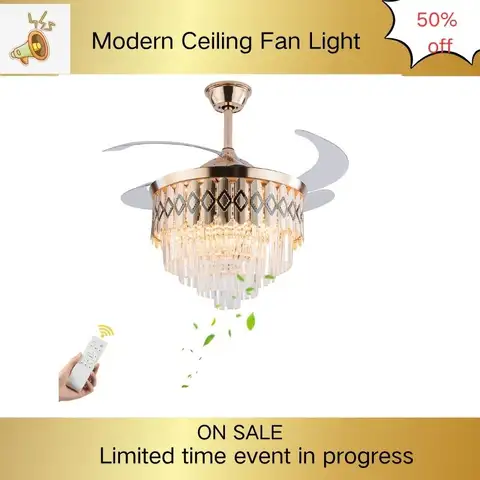 42 Inch Modern Ceiling Fan Light with Remote Retractable Blades 3-Color LED & Copper Finish 6-Speed Quiet Motor for Bedroom