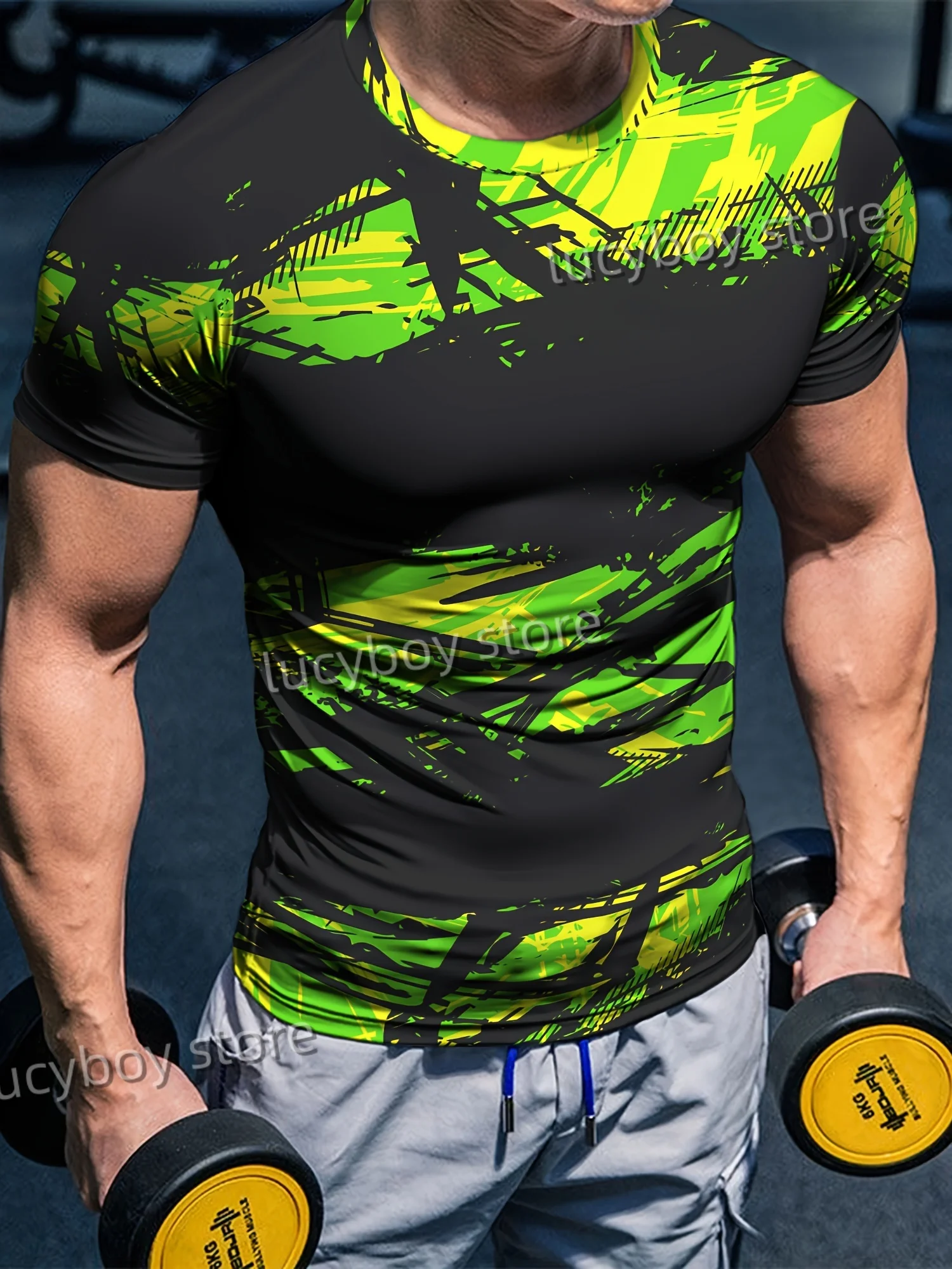 Summer Mens Strength TraininT Shirt 3D Green Printing Sports Gym Short Sleeve Tees Quick Drying Running Men Oversized Clothing
