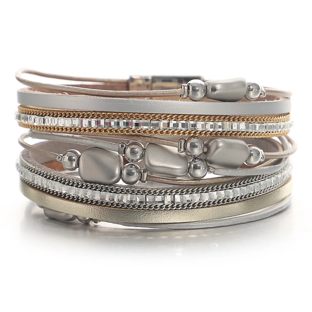 ALLYES ไม่สม่ําเสมอโลหะหินลูกปัดสร้อยข้อมือหนังสําหรับผู้หญิงผู้ชายเครื่องประดับคริสตัล Vintage Multilayer Wrap กําไลข้อมือกว้าง