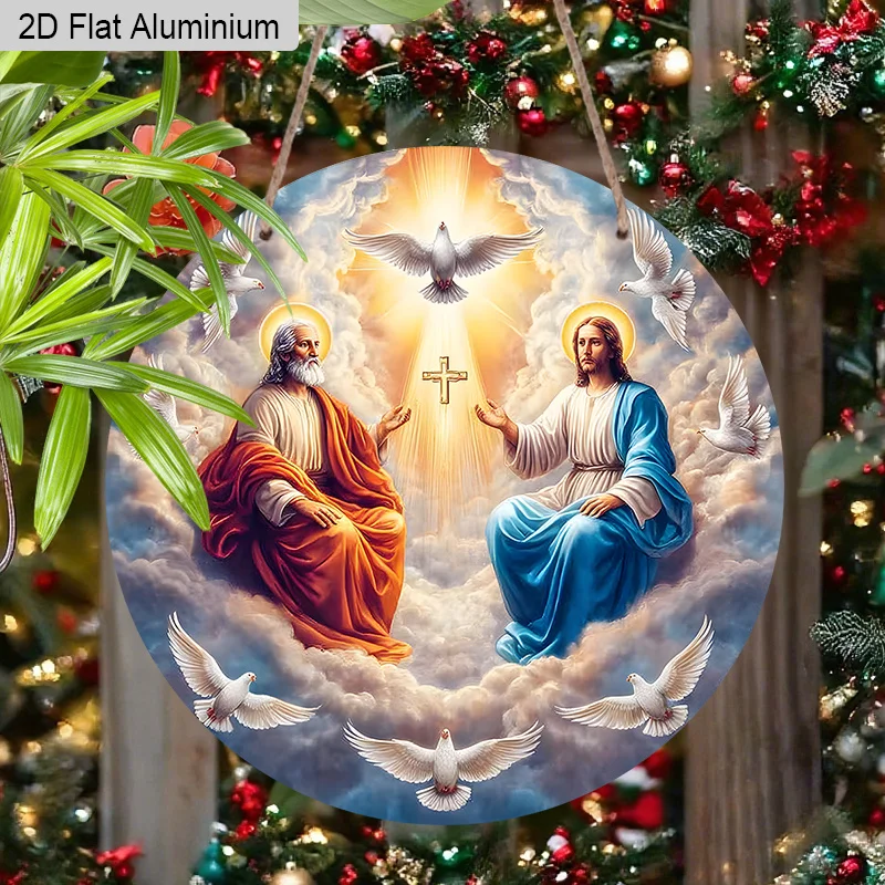 【Jit】2D Flat 1pc, [ Christianity ] Christmas Round Aluminum Sign, Printed with Pigeon Cross Pattern Design - Decorative Sign