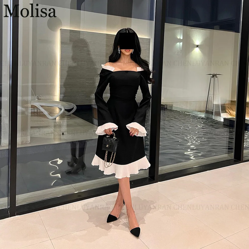 

MOLISA Black Short A Line Off the Shoulder Party Dresses Long Sleeves Saudi Arabia Prom Dress Pleated High Quality Evening Gowns