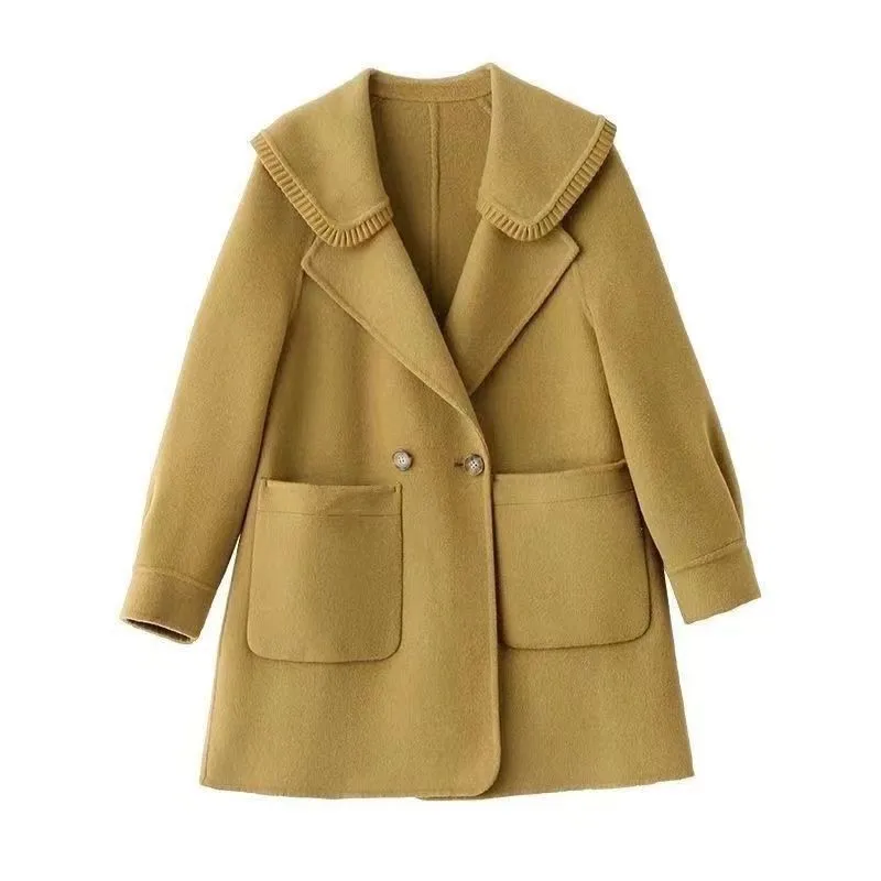 

2026 Autumn Winter New Pocket Woolen Coat Women Fashion Long Sleeves Solid Color Wool Jacket Casual Overcoat Female Tide W1069