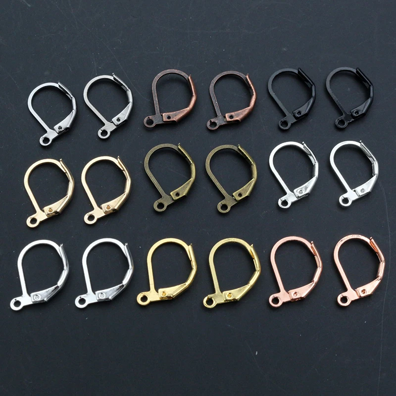 Ganchos de palanca franceses para pendientes, Base de aros de ajuste de alambre, suministros para fabricación de joyas DIY, plata, oro, 15x10mm, 30 a 50 unidades por lote