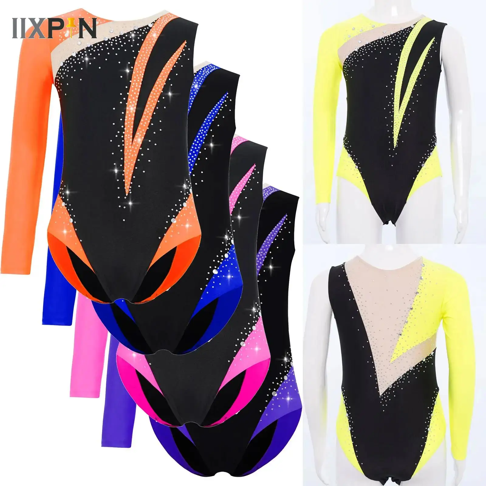 

Kid Girls Gymnastics Leotard Ballet Single Long Sleeve Unitard Shiny Rhinestones Workout Bodysuit for Figure Skating Performance