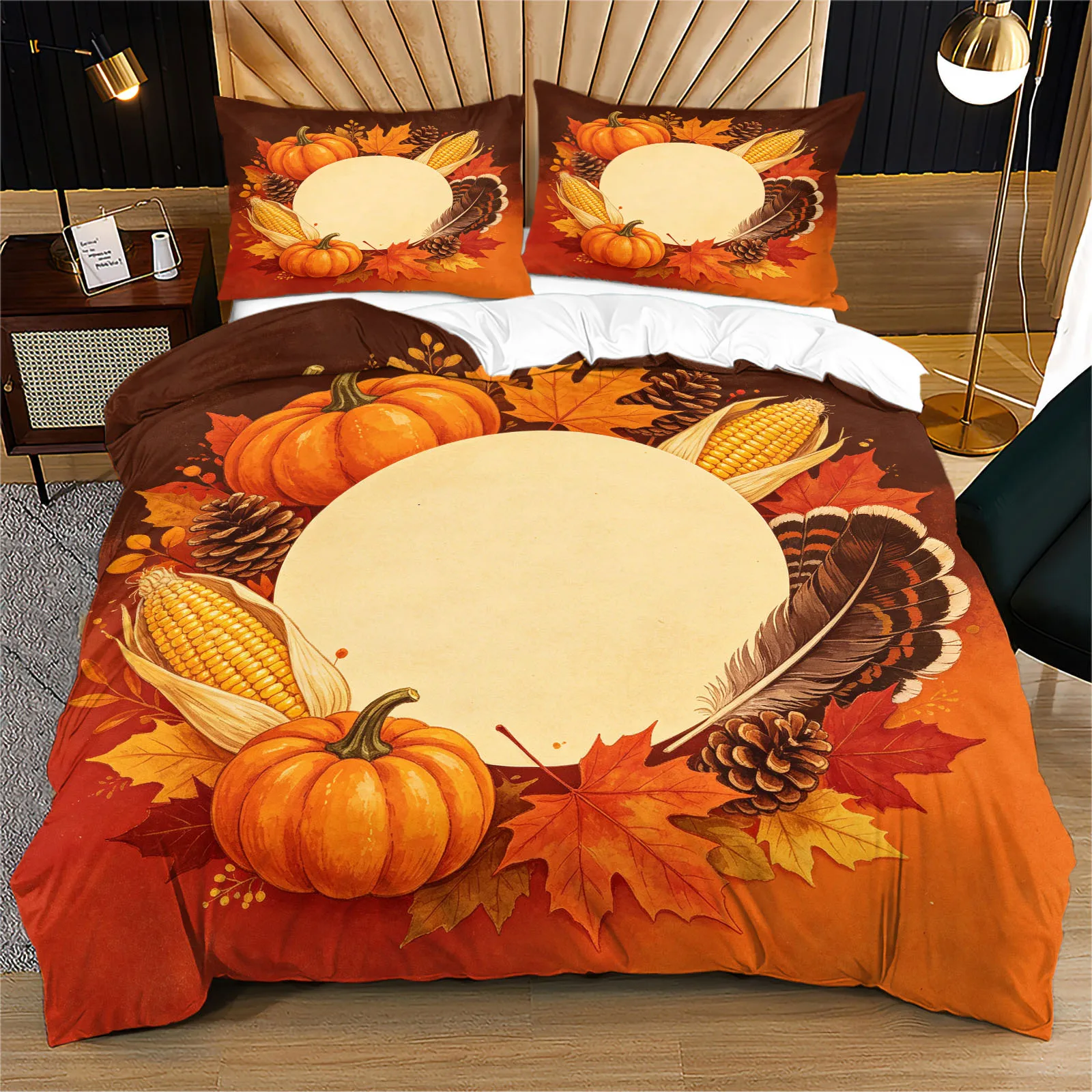 Autumn Thanksgiving Duvet Cover Set Pumpkin Maple Leaf Corn Pinecone Feather Print Bedding Soft Microfiber Zipper Quilt Cover
