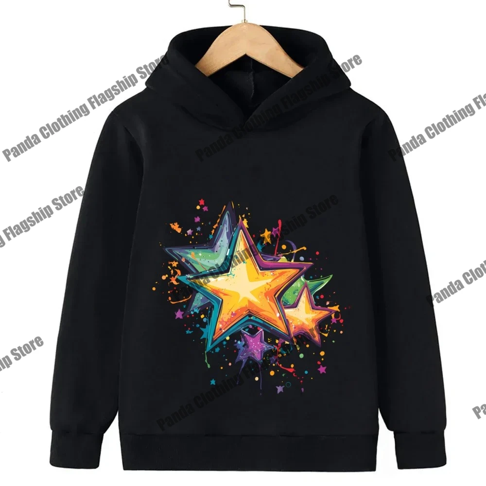 New children's hoodie with star print for boys and girls, pink long sleeved warm hoodie, children's black star hoodie
