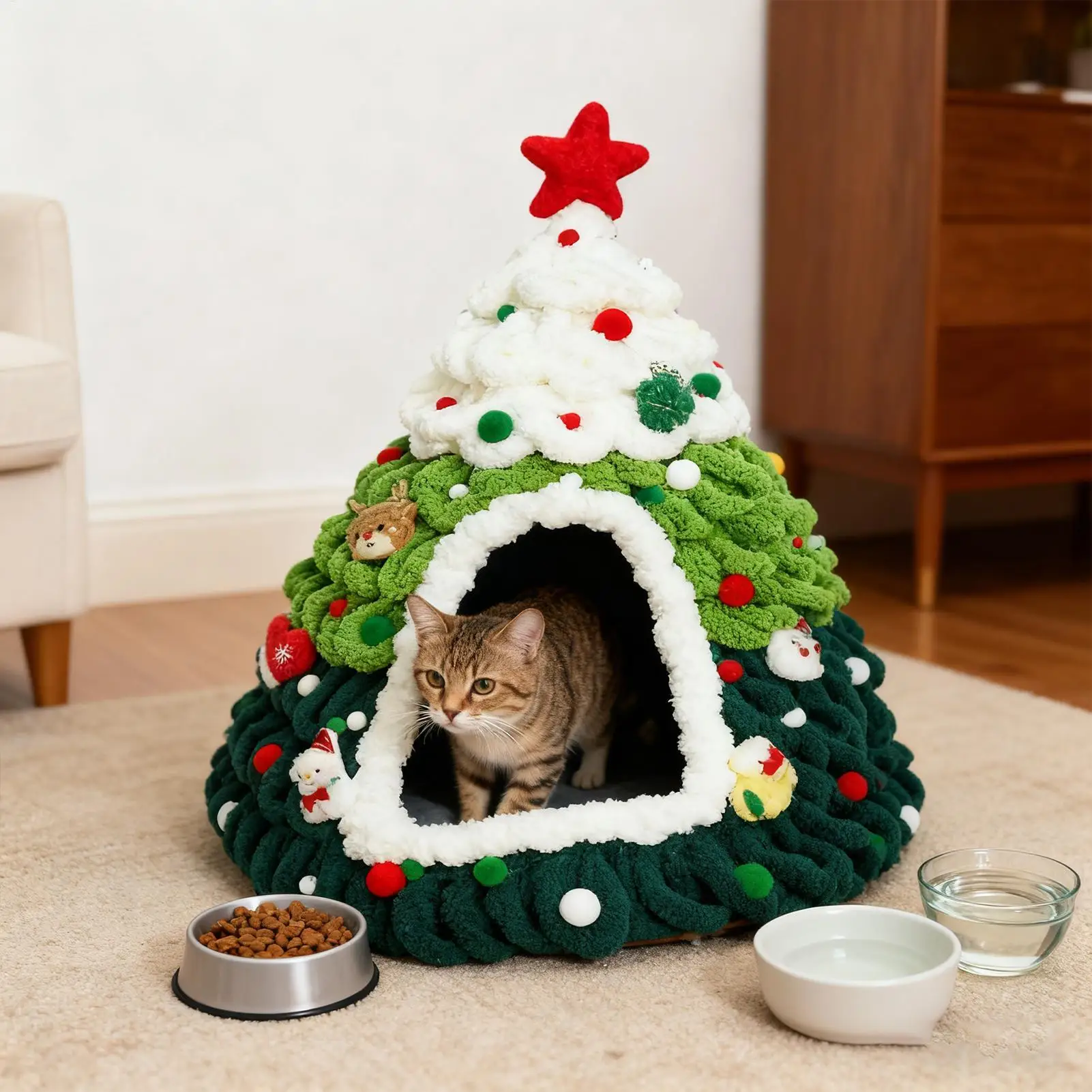 Christmas Tree Cat Bed Knitted Finished Cat Bed Cat Bed Autumn and Winter Warmth Wool Winter Semi-enclosed Felt Cone Pet Bed