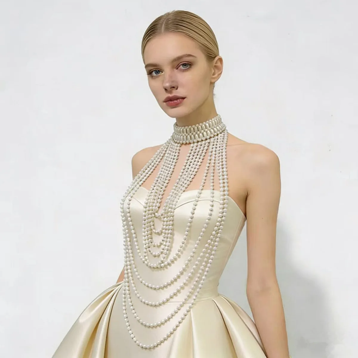 

Multi-Layer Tassel Pearl Body Chain Necklace Bridal Gown Accessory Vintage Court Style Banquet Neck Ornament