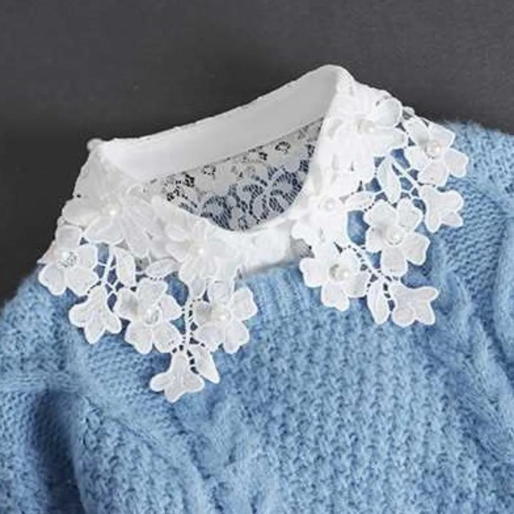 اللون الأبيض طوق وهمية عالية الرقبة مخطط بطانة انفصال طوق زر بلوزة الأزهار تصميم كاذبة طوق الشباب البالغين #3