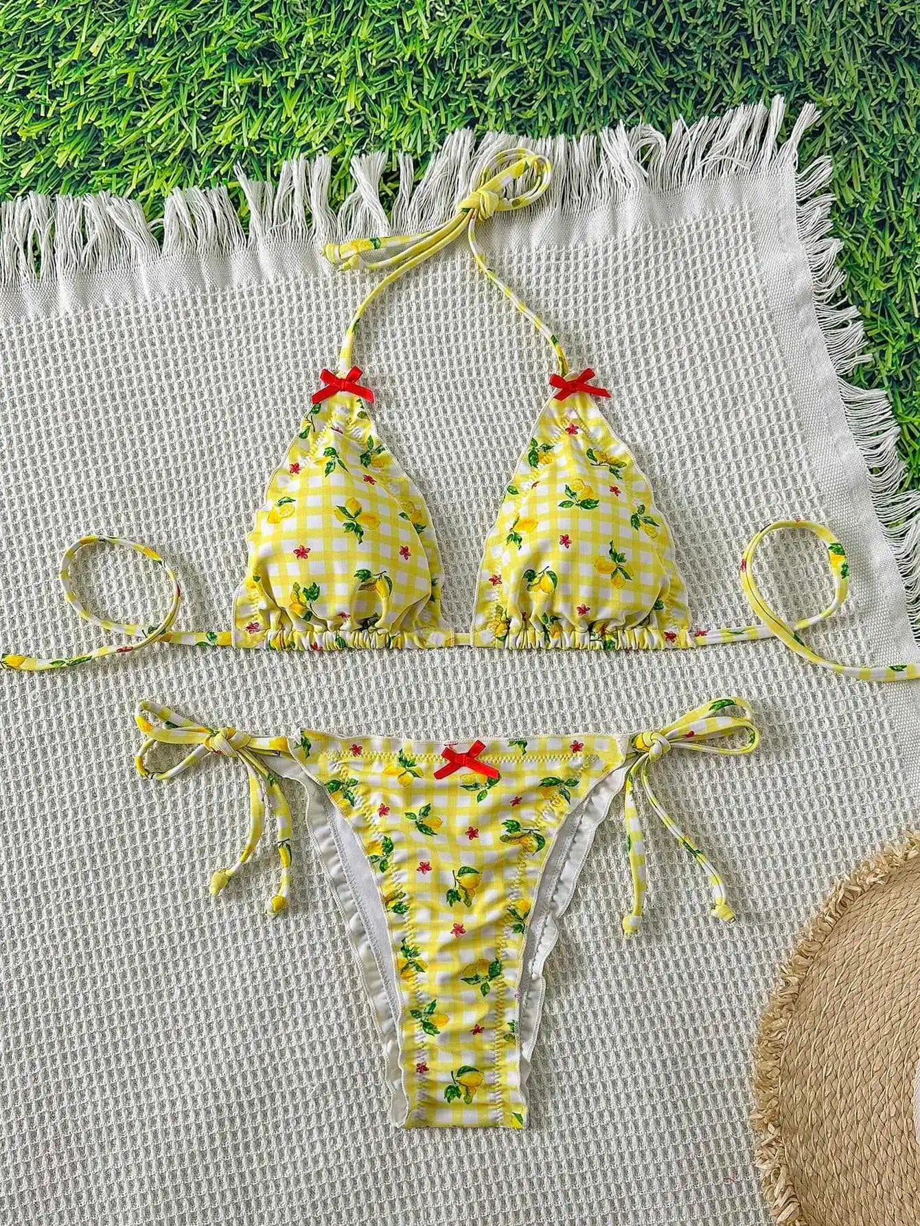 sexy yellow lemon plaid bow tie micro bikinis sets two pieces thong swimsuits bathing suit swimwear biquini tankini trikini