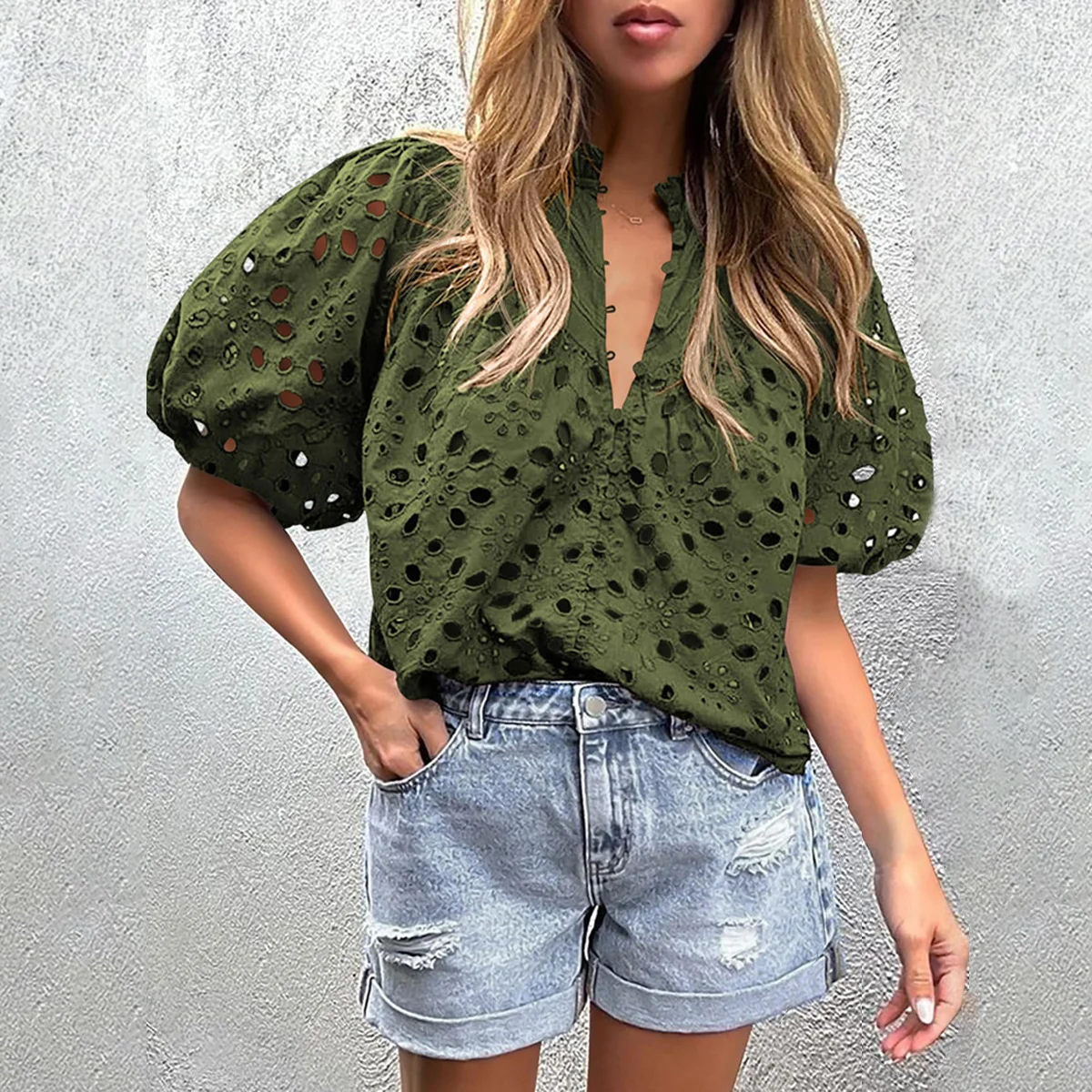 2024 spring and summer independent station temperament puff sleeve embroidered shirt