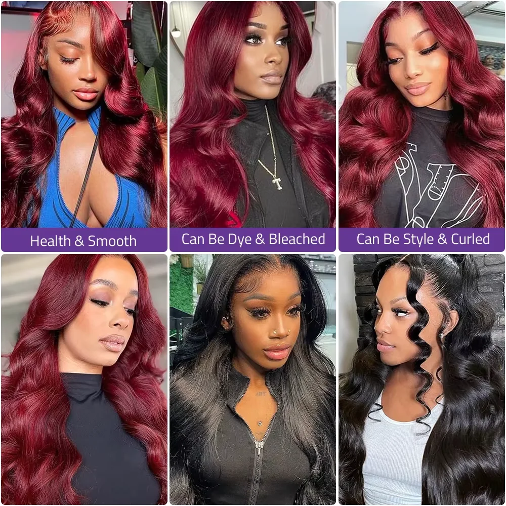 30–34 Inch 99J Burgundy Body Wave Human Hair Wigs Brazilian 13x6 HD Transparent Lace Frontal Wig Wet and Wavy Lace Front 100% Human Hair Wig image 6