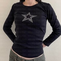 Rhinestones Stars Print Aesthetic Clothes Women Vintage Tops Fairy Grunge Graphic Spring Cyber Y2k T Shirts Slim Long Sleeve Top