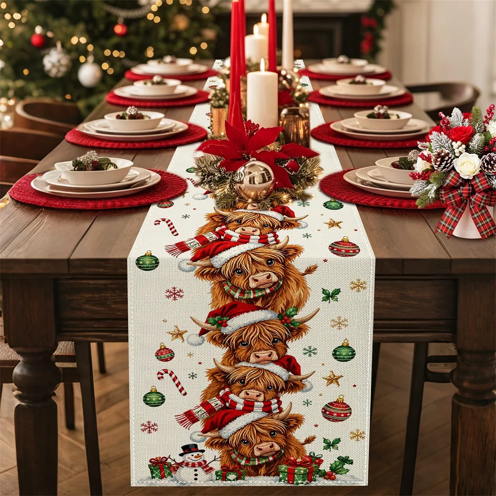 Highland Cows Snowman Gift Boxes Pattern Table Runner Happy Christmas Dresser Scarves for Farmhouse Fireplace Holiday Decor