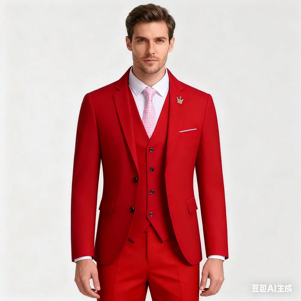 

Rose Red Three-piece Business Casual Wedding Suit High-Quality Handsome European American Style for Business And Wedding