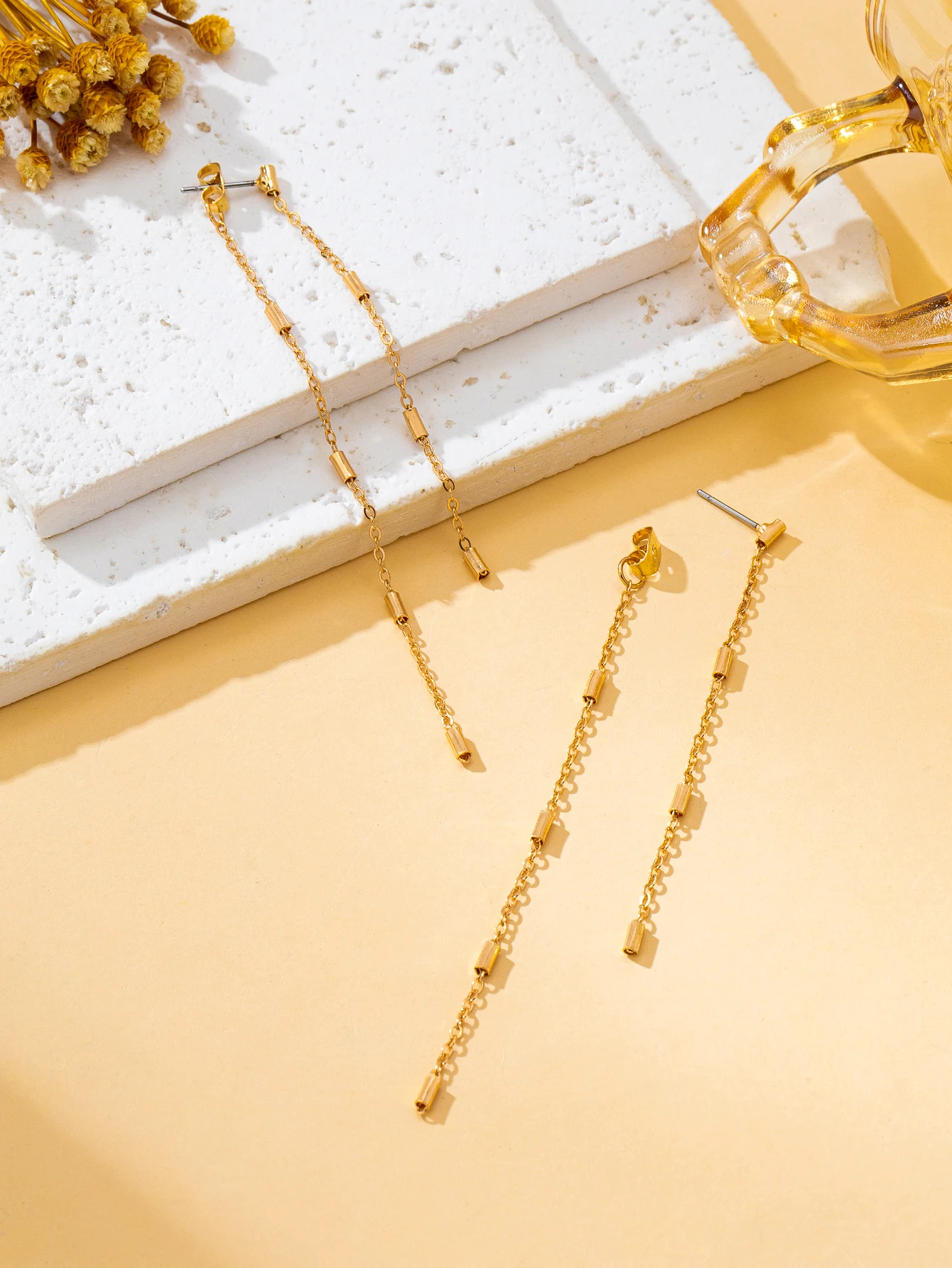 Minimalist Gold Long Chain Earrings for Women, Fine Cylindrical Bead Tassel Earrings, Exquisite Everyday Stackable Versatile Accessories