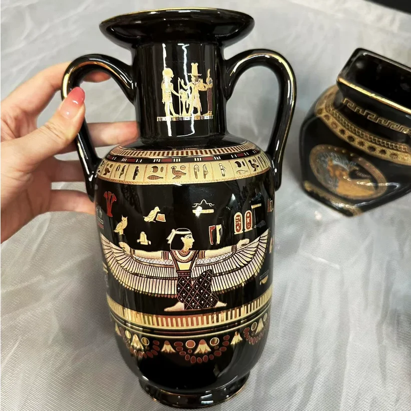 Ancient Egyptian Black Vase Greek Mythical Mysterious Figures Painted in Gold with Double Ears Vase Decoration Pyramid