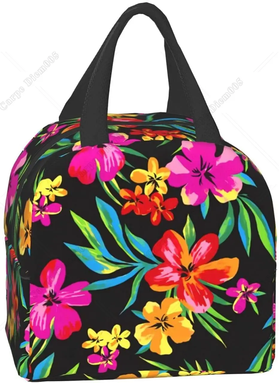 Hawaiian Pattern Flower Portable Lunch Bag Insulated Cooler Tote Box for Travel Picnic Work One Size for Men Women