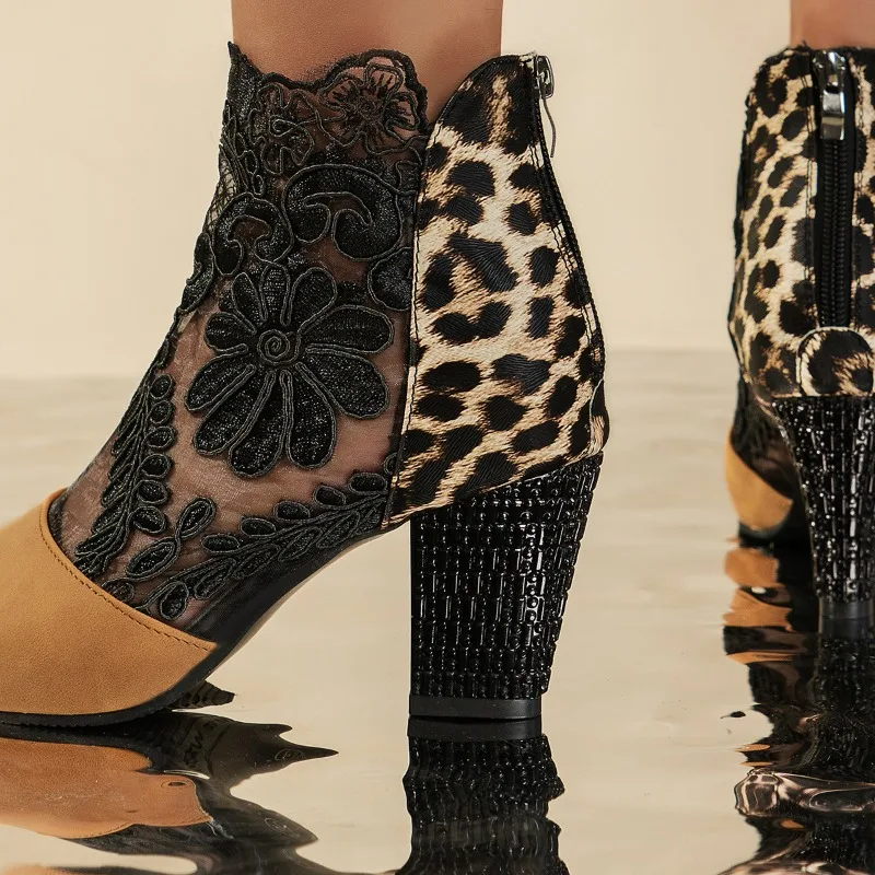 Tacchi alti Moda Donna Stivaletti Designer Inverno Stampa leopardata Ritaglio in pizzo Patchwork Scarpe da donna Décolleté robusti Stivali da donna