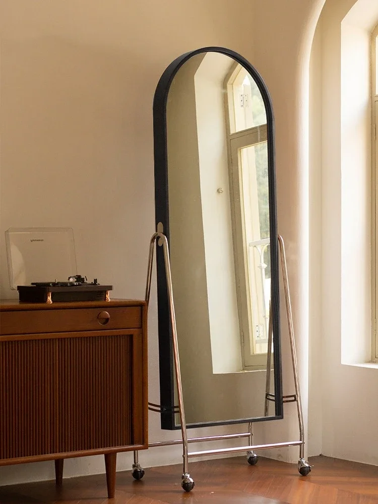 Medieval adjustable solid wood full-length mirror magazine bookshelf mirror floor retro wheeled fitting mirror newspaper