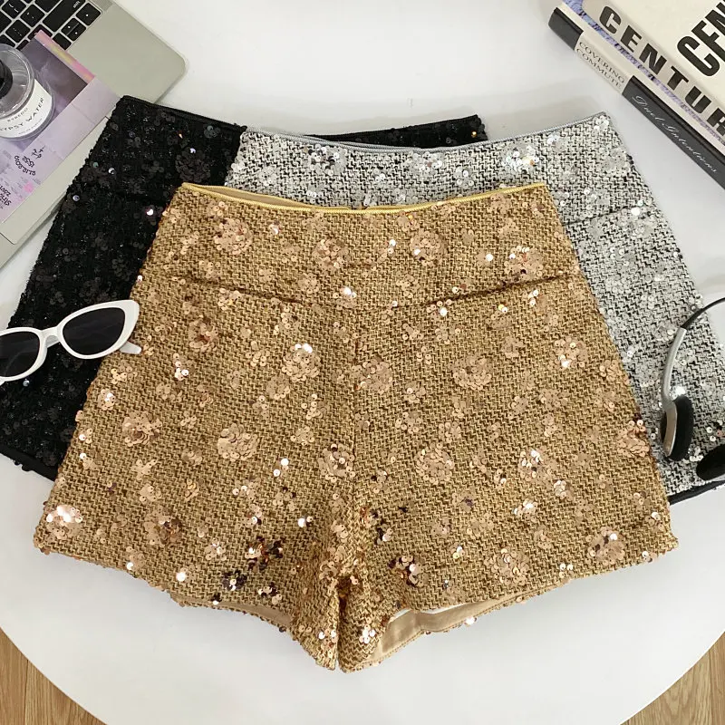 Women's Golden Sequins Wide Shorts Vintage 2000s Y2k Gyaru A-Line Micro Shorts High Waist Hot Pants Shorts Summer Clothes 2026