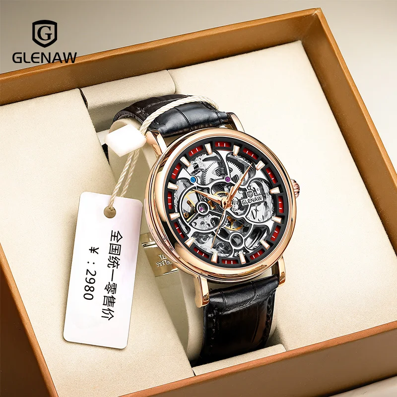 GLENAW-Montre étanche pour homme avec boîte, mouvement mécanique automatique, montre Shoous, mode exquise, 50 m