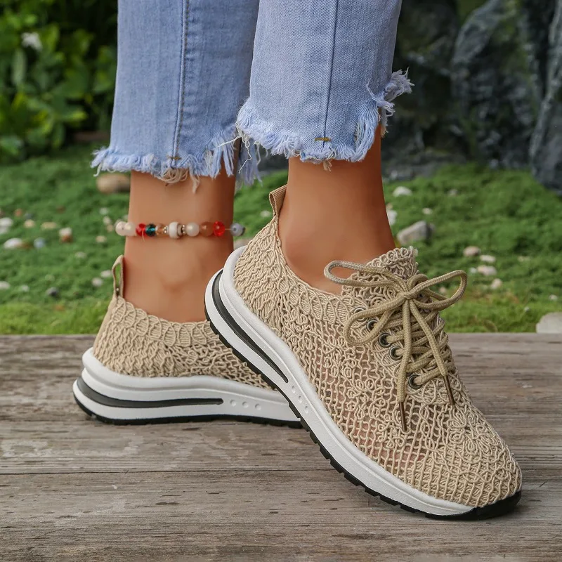 Women's Floral Lace Crochet Platform Sneakers - Lace-Up Breathable Thick Sole Comfortable Summer Casual Walking Shoes