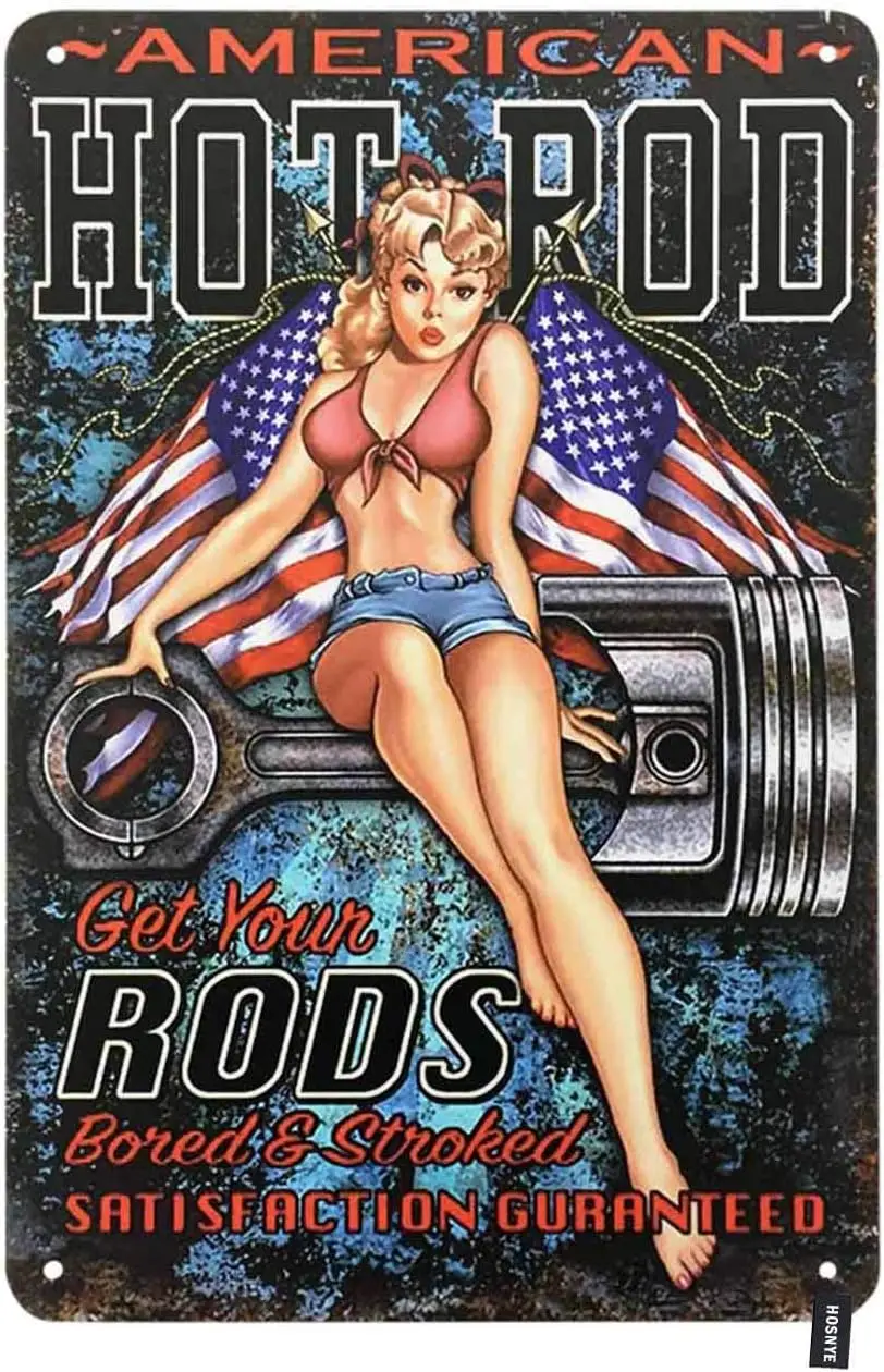 HOSNYE Hot Rod Pin Up Girl Tin Sign Young Sexy Woman Sit on Rods with American Flag Vintage Metal Tin Signs for Men Women Wall A