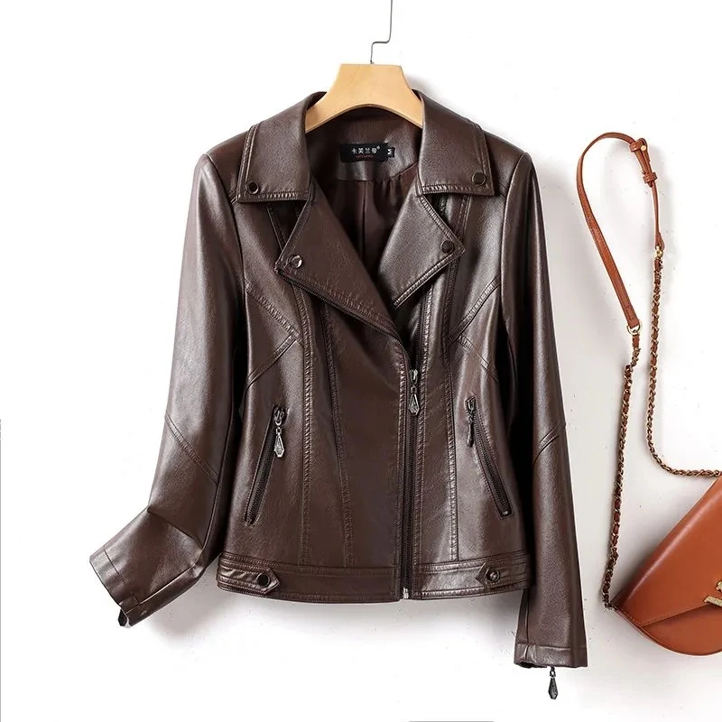 Jaket Kulit Domba Musim Semi Gugur Wanita Model Lokomotif Slim Berbahan Kulit Corium dengan Rivet, Kerah Jas, Ritsleting, Jaket Pendek XQ17