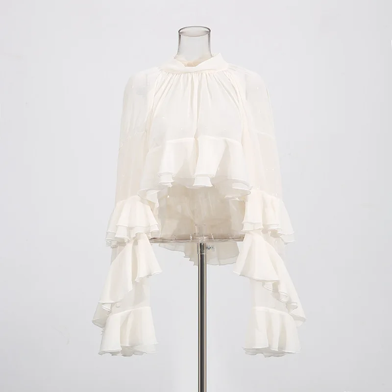 

Y2k Women's Spring Autumn Blouse Chiffon Shirt Long Sleeve Tops Ruffle Solid Color Standing Collar Net Yarn Vintage Casual Soft