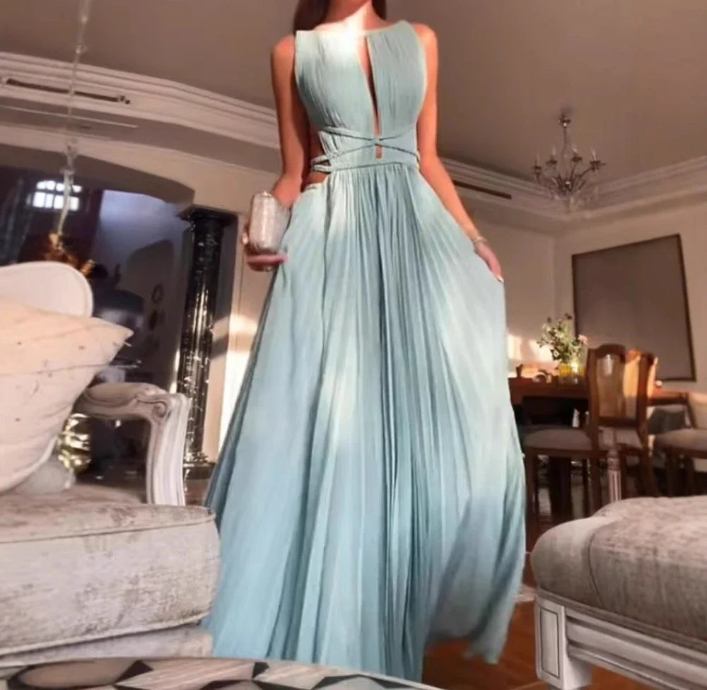 

Elegant Dress for Women 2025 Summer New Pleated Lace Up Sleeveless Backless Solid Color Slim Fit Dresses Round Neck Long Skirts