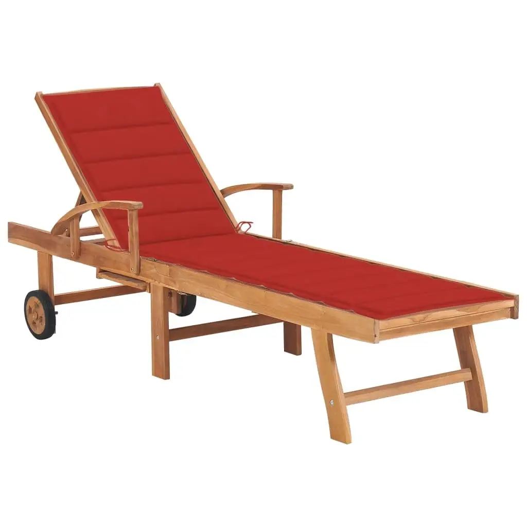 Solid Teak Wood Sun Lounger with Comfortable Red Cushions - Outdoor Relaxation Furniture