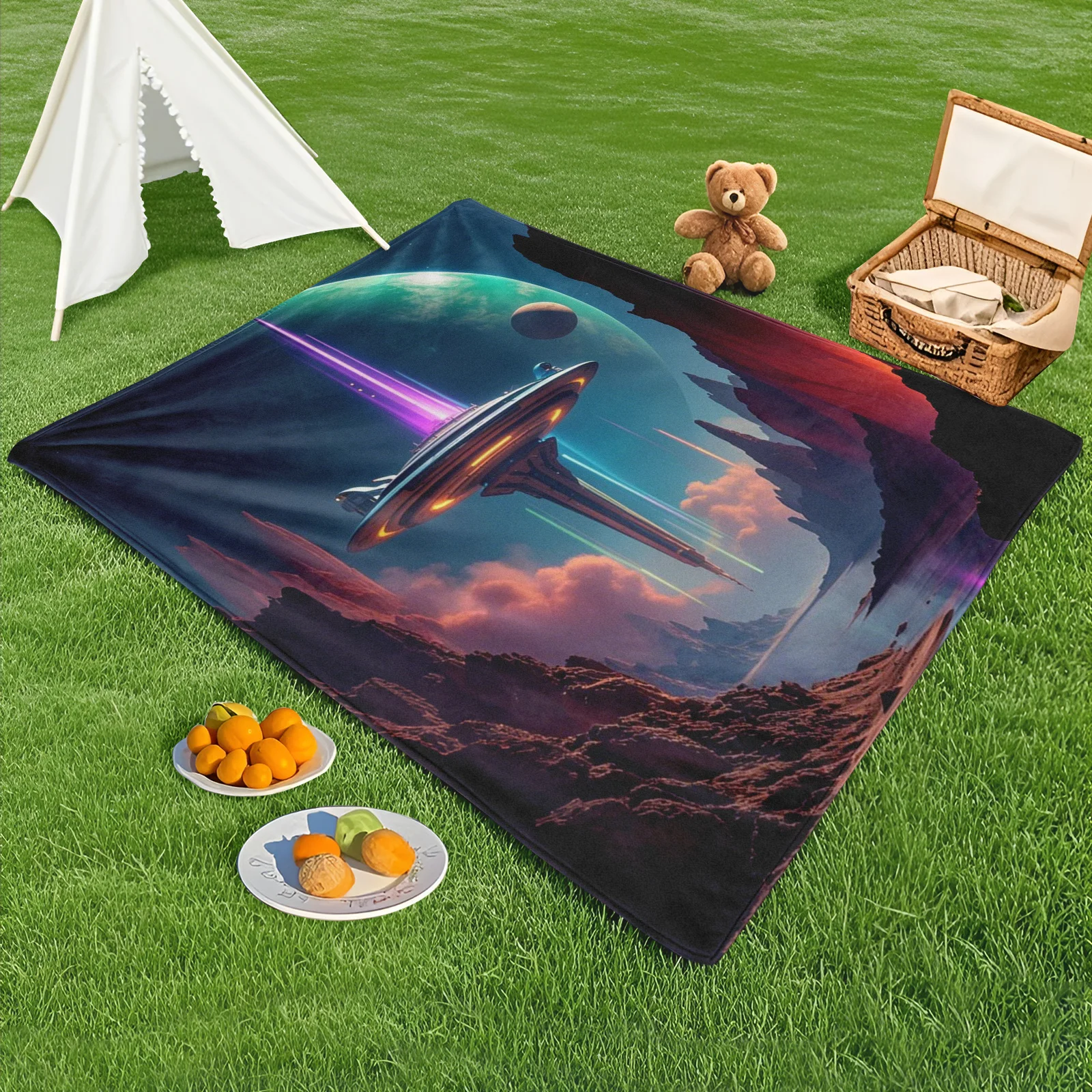 Galactic Voyage Outdoor Blanket Featuring Planets Spaceships And Valleys For Sci-Fi Enthusiasts And Nature Lovers