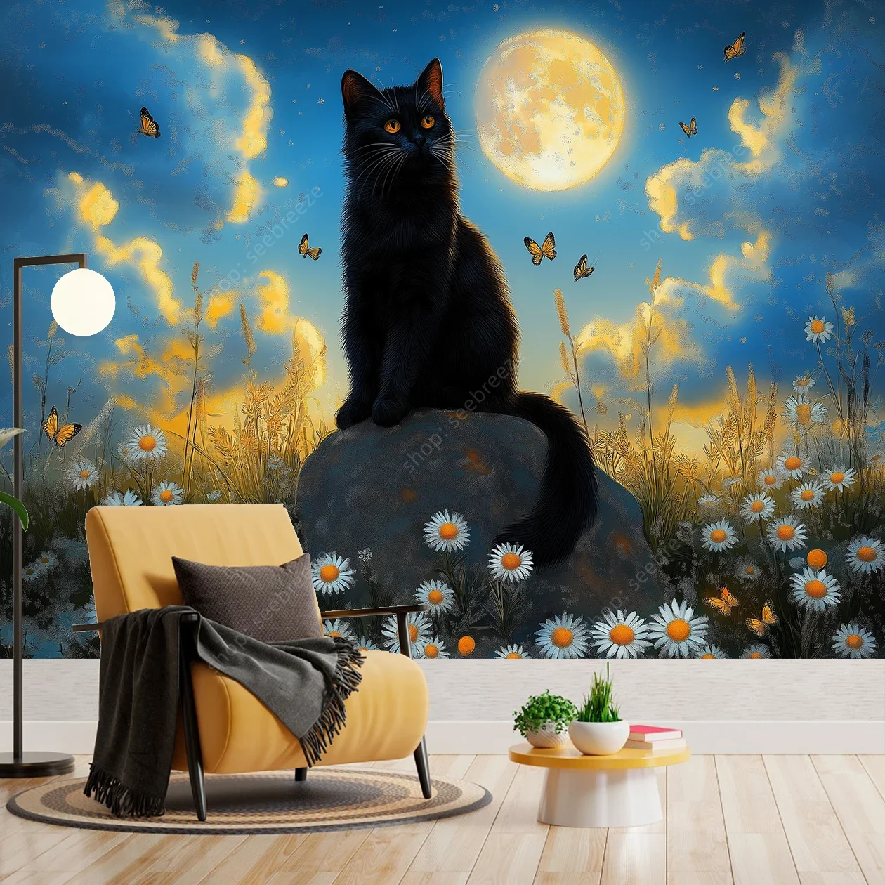 Moonlit Black Cat Daisy Butterfly Tapestry Vibrant Nature Wall Art Hand Painted Home Decor for Living Room room dormitory Gift