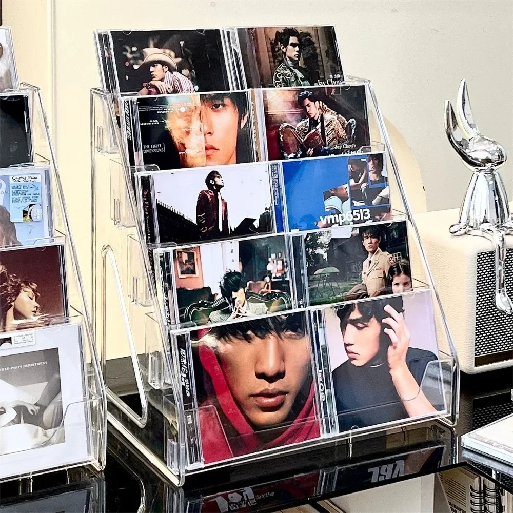 Estante acrílico para CD con escalones, caja de almacenamiento de discos de vinilo, soporte de exhibición multiusos para discos, DVD, cintas, álbumes