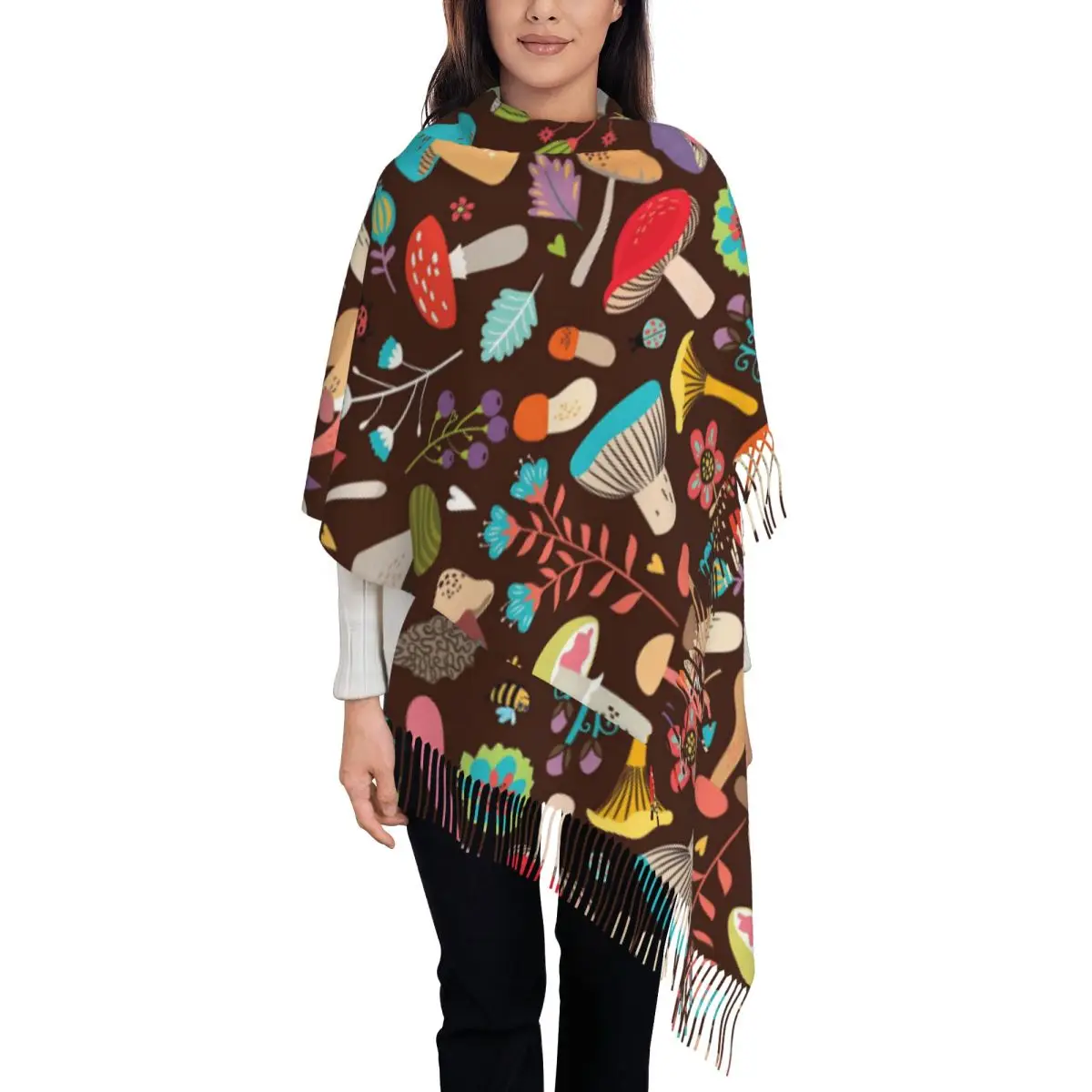 Women's Tassel Scarf Fall Mushrooms Single-sided Pattern Winter Fall Shawl Wrap Gifts Pashmina Scarves