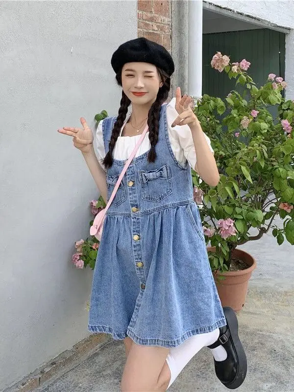 Slimming Short Denim Skirt with  Knot Straps Women's Summer Thin Fabric Belly Control Casual College Style Dress