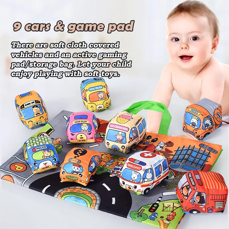 Ensemble de jouets de voiture souple pour bébés, avec tapis de jeu, 9 véhicules, éducation précoce, Interaction Parent-enfant, son et hochet en papier