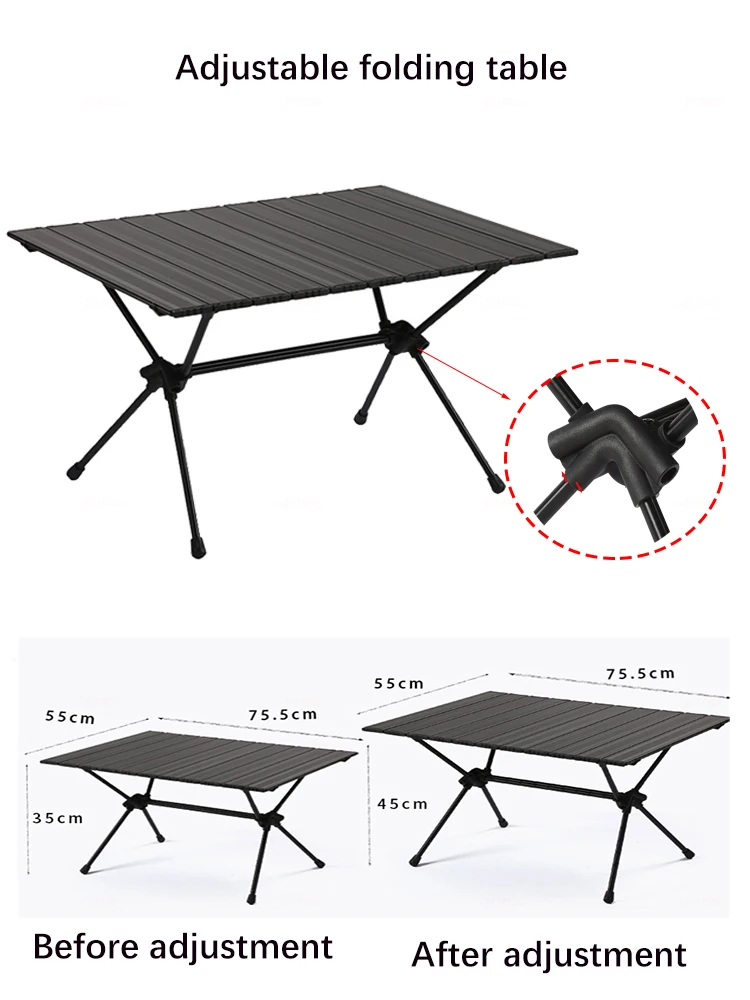 Mesa de acampamento ajustável em altura dobrável, mesa dobrável ao ar livre, móveis portáteis, leves, caminhadas, piquenique, turista, churrasqueira