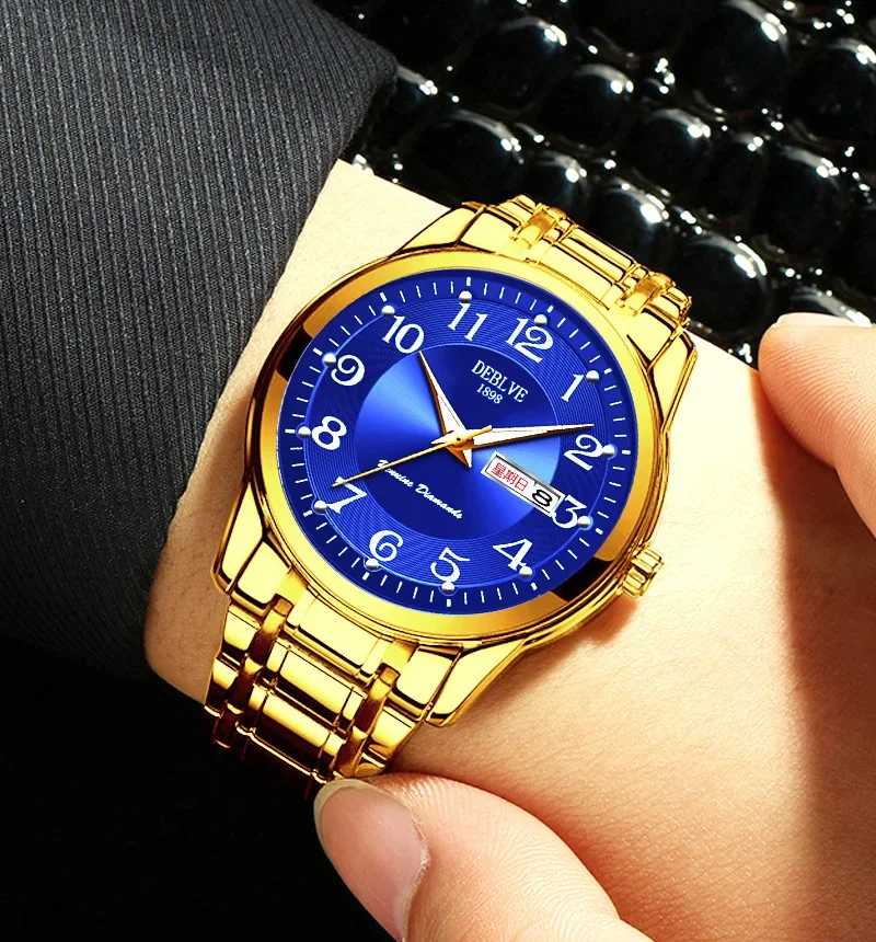 Reloj de cuarzo de lujo para hombre, cronógrafo de acero, con calendario, resistente al agua hasta 30 metros, color dorado