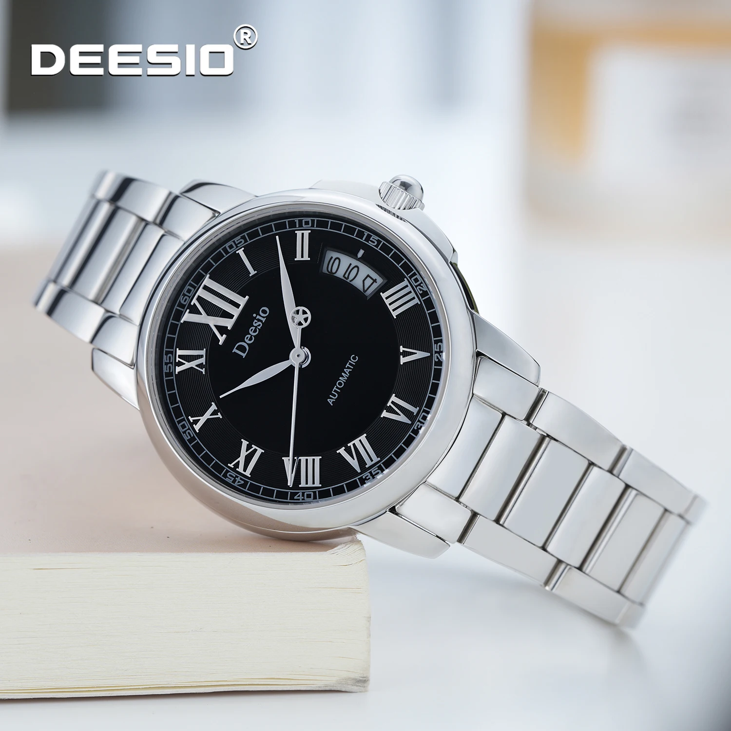 Deesio Women Mechanical Hand Wind Watch Stainless Steel Strap 50M Waterproof Date Display Casual Dress Wristwatch Gift for Women