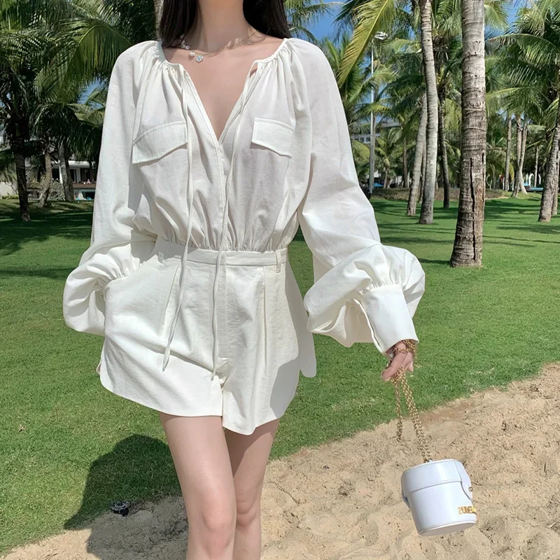 Autumn and Summer Women Club Party New Style Fashion Waist Long-sleeved Chest Tie Casual Short Jumpsuit Women Party Outfits for