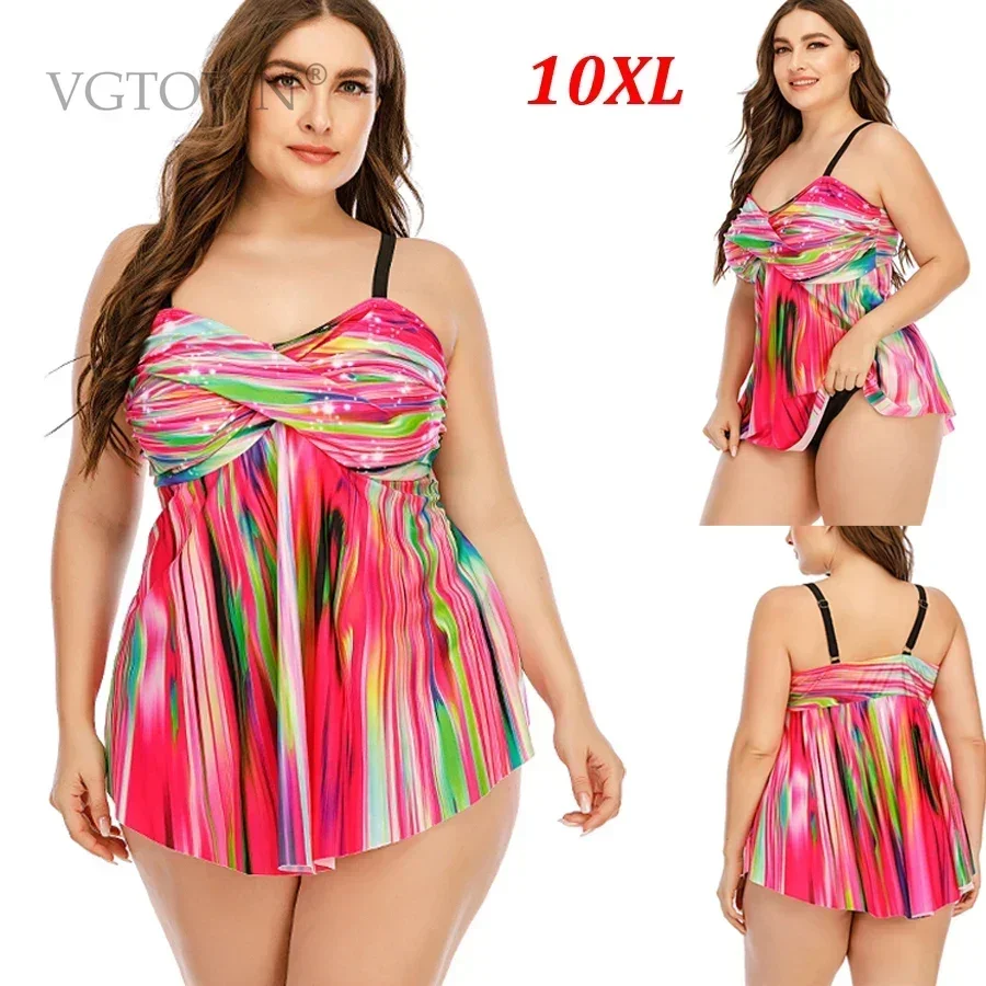 2026 New Colorful Strip Super Large Size 8XL 10XL Two Piece Tankini Swimsuit Women Retro Swimwear  Ladies Dress