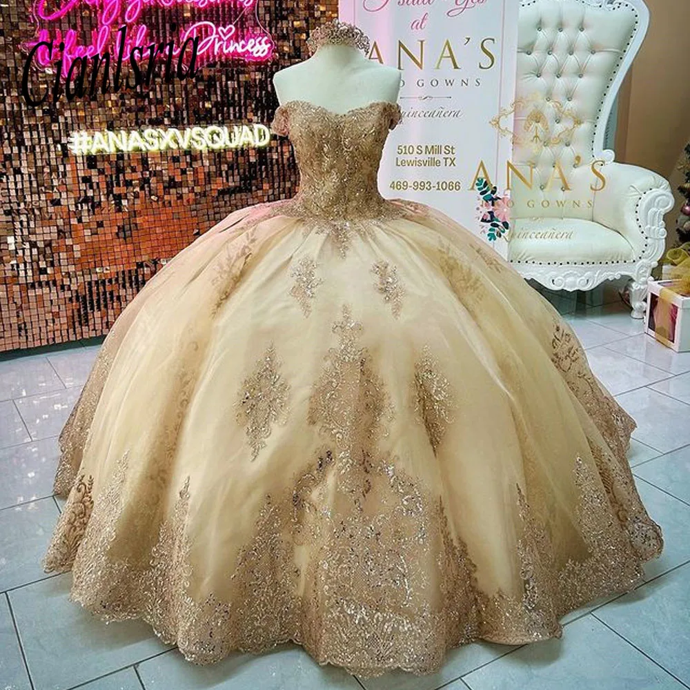 Gold Quinceanera Kleider V-ausschnitt Spitze vestido de 15 años 2023 Perlen Süße 16 Kleid Fuffles vestidos de xv años