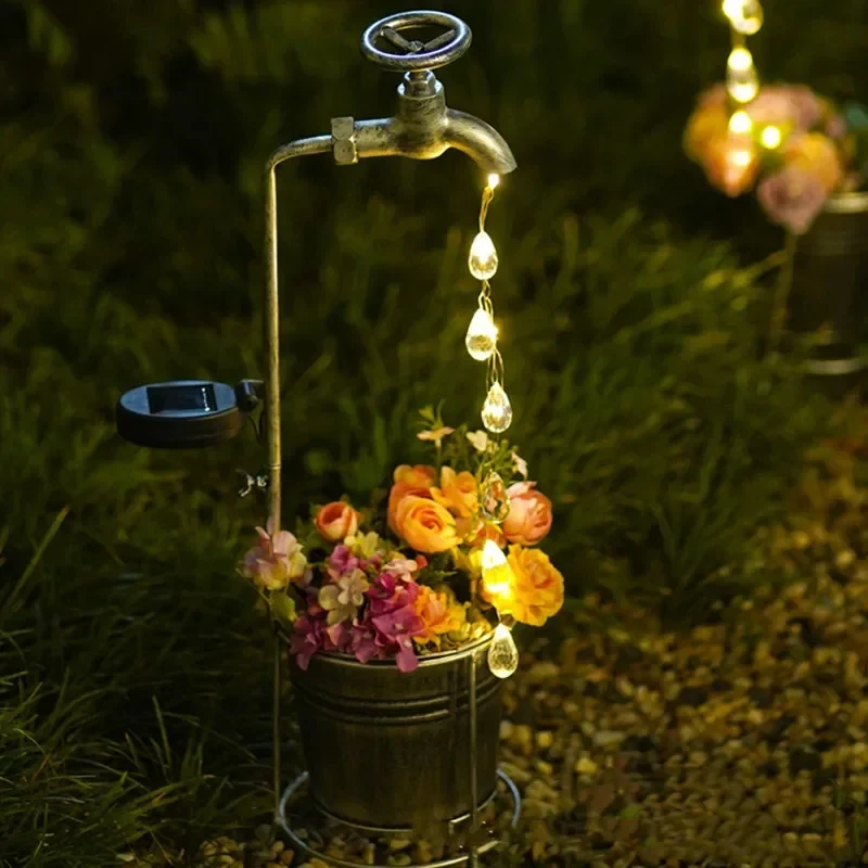 Sprinkler Water Kettle Faucet Water Droplet Flower Pot Lamp Solar Powered Lawn Lamp Courtyard Outdoor Waterproof Garden