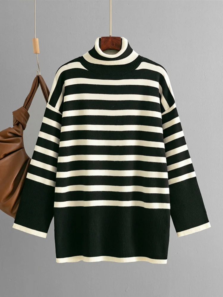 

Long Sleeve Jumpers Winter New Fashion Striped Turtleneck Sweater Loose Knitted Sweater Pullover Outerwears Female Clothing