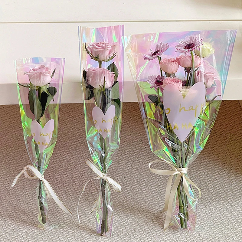 【P】30PCS Love Heart Iridescent Single Rose Sleeves DIY Transparent Flower Wrapping Bag Floral Material Packaging Waterproof view 4