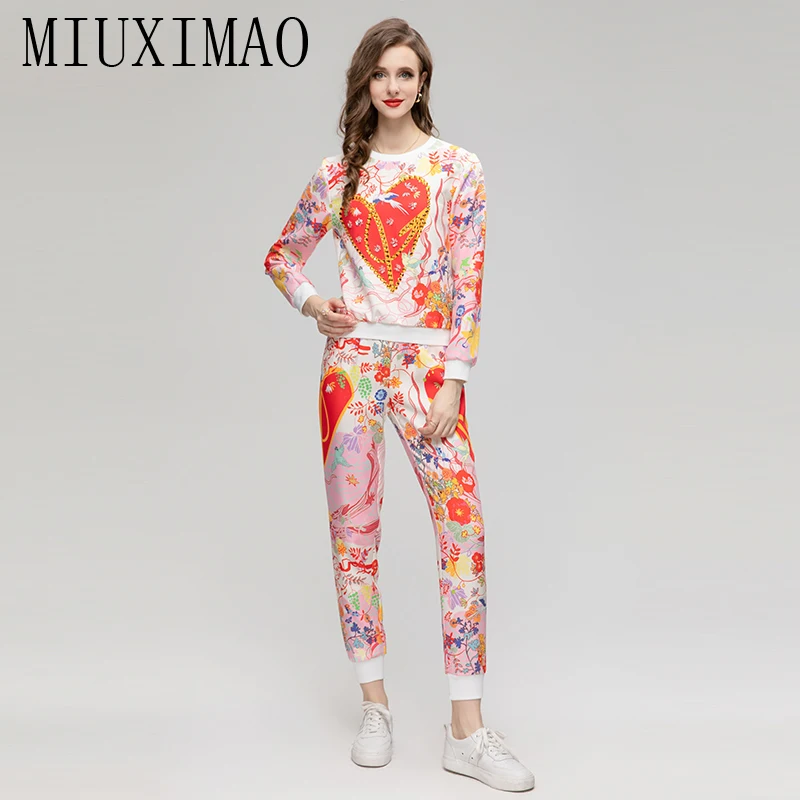 

MIUXIMAO 2023 Fall Luxury Diamond Sicily Elegant Set Heart Angel Flower Prints Top+ Slim Pants Fashion Two-piece Set Women